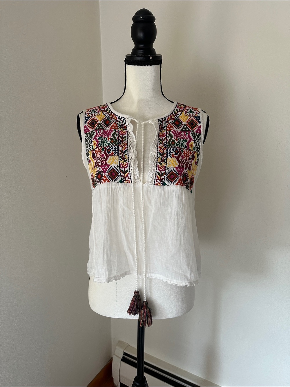Free People embroidered Sleeveless Tassel Top